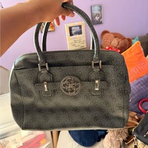 Guess Gray Logo Monogram Satchel with Silver Accents